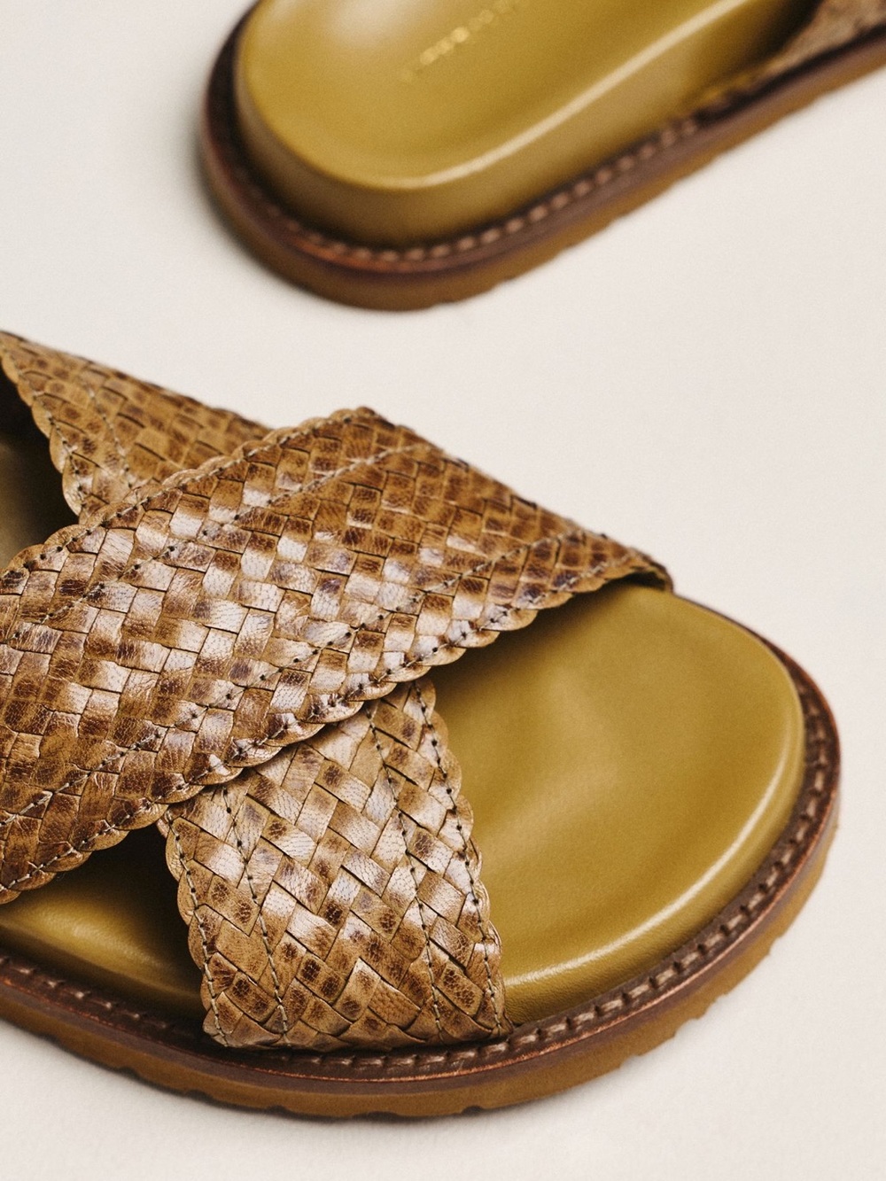 Anthropologie Woven Leather Crossband Slide Sandals in Tan and Olive - Picture 3 of 10
